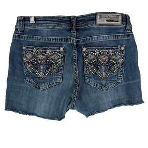 Grace in LA Denim Shorts Embellished Frayed Hem Blue Size 29‎ Heavy Stitch Y2K
